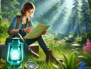 A young woman sits in a forest and reads a map. The sun shines through the trees, and a lantern and compass sit next to her.