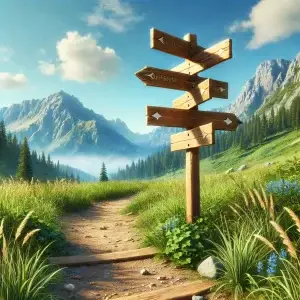 A signpost stands at a crossroads on a trail. It has many signs pointing in different directions. In the background is a mountain range.